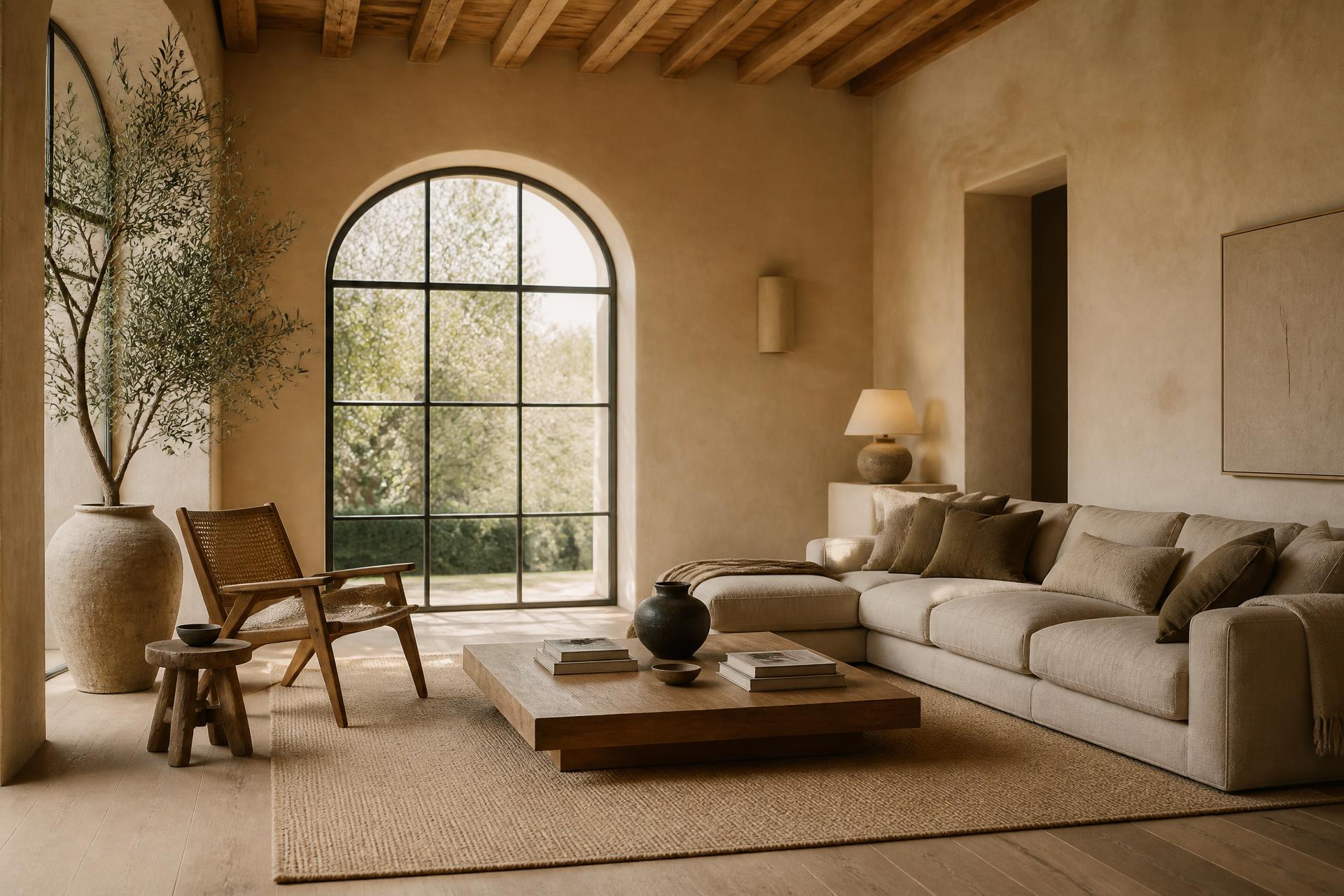 Sunlit Mediterranean living room with lime-plastered walls and a large arched window