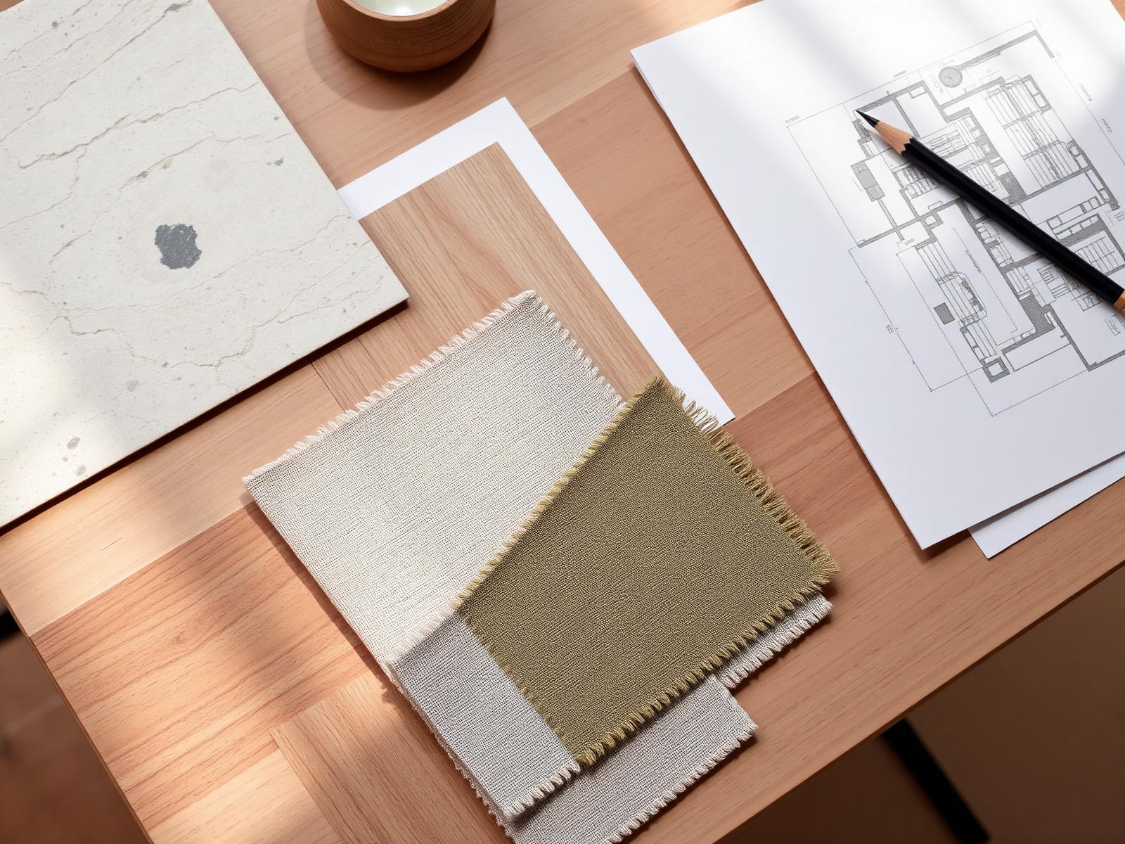 Material samples, fabric swatches and drawings on a studio worktable